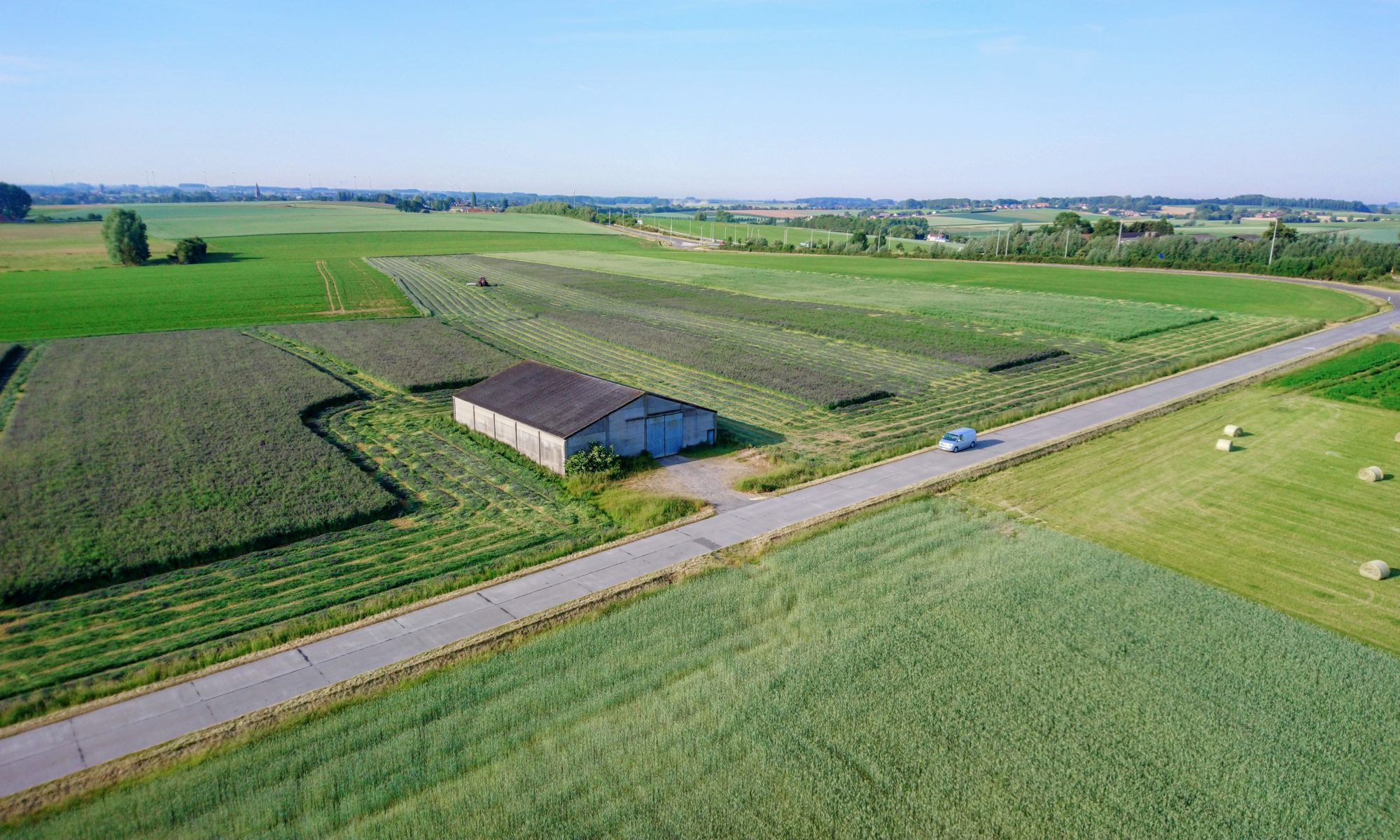Vue aérienne des champs durant la fauche du méteil